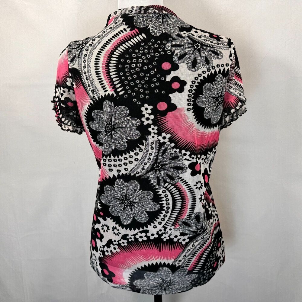 Simply French Blouse Sz L Black Pink Round Neck Ruffle Layered Short Sleeve
