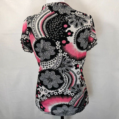 Simply French Blouse Sz L Black Pink Round Neck Ruffle Layered Short Sleeve