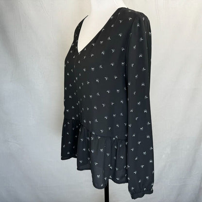 Loft Top Ladies Sz S Black Moon Print V-Neck Long Sleeves Peplum