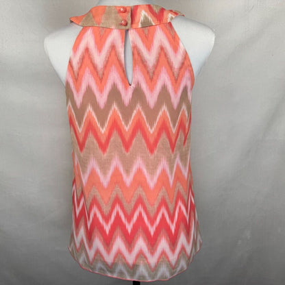 BCX Halter Top Sz S Round Neckline Zig Zag Print Coral Beige Pink Lined Button