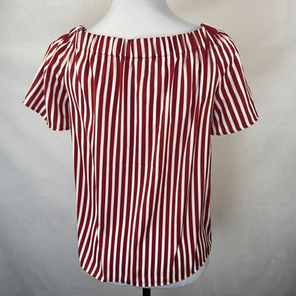 H&M Women’s Sz 0 Maroon White Striped Off Shoulder Short Sleeve Top