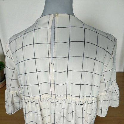 LOFT Top Sz M Ivory Plaid Round Neck Short Sleeve Keyhole Back Peplum Lined
