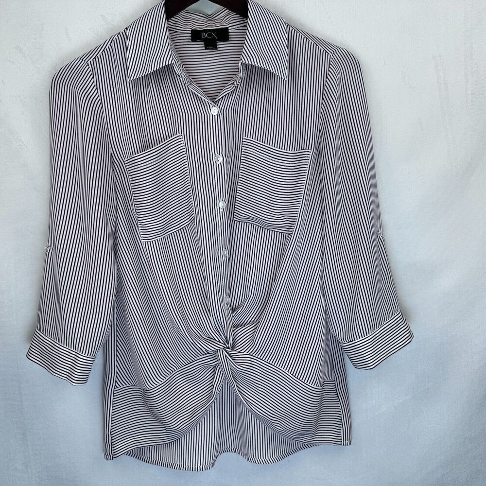 BCX Women Top XS Pink Burgundy Stripes Button Up  Twist Waist Roll Up 3/4 Sleeve