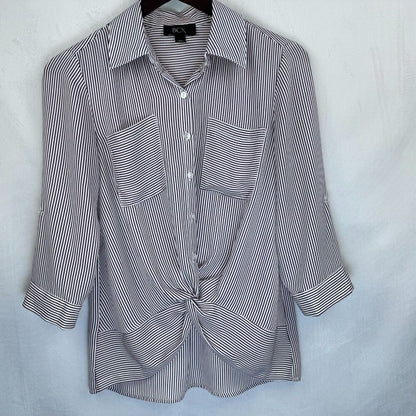 BCX Women Top XS Pink Burgundy Stripes Button Up  Twist Waist Roll Up 3/4 Sleeve