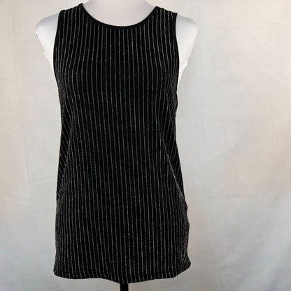A sleeveless black knit top with vertical silver pinstripes, displayed on a white mannequin torso against a light gray fabric backdrop.