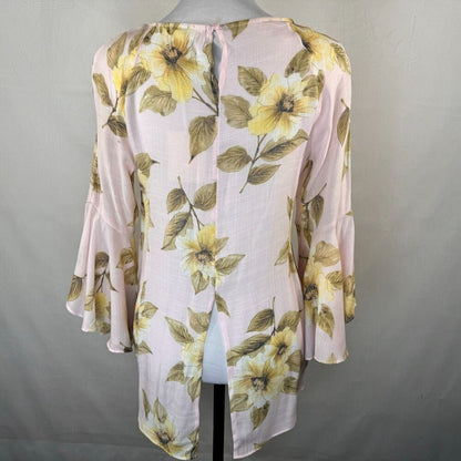 Lauren Conrad Blouse Sz S Floral Open Back Blouse 3/4 Flutter Sleeves Pink