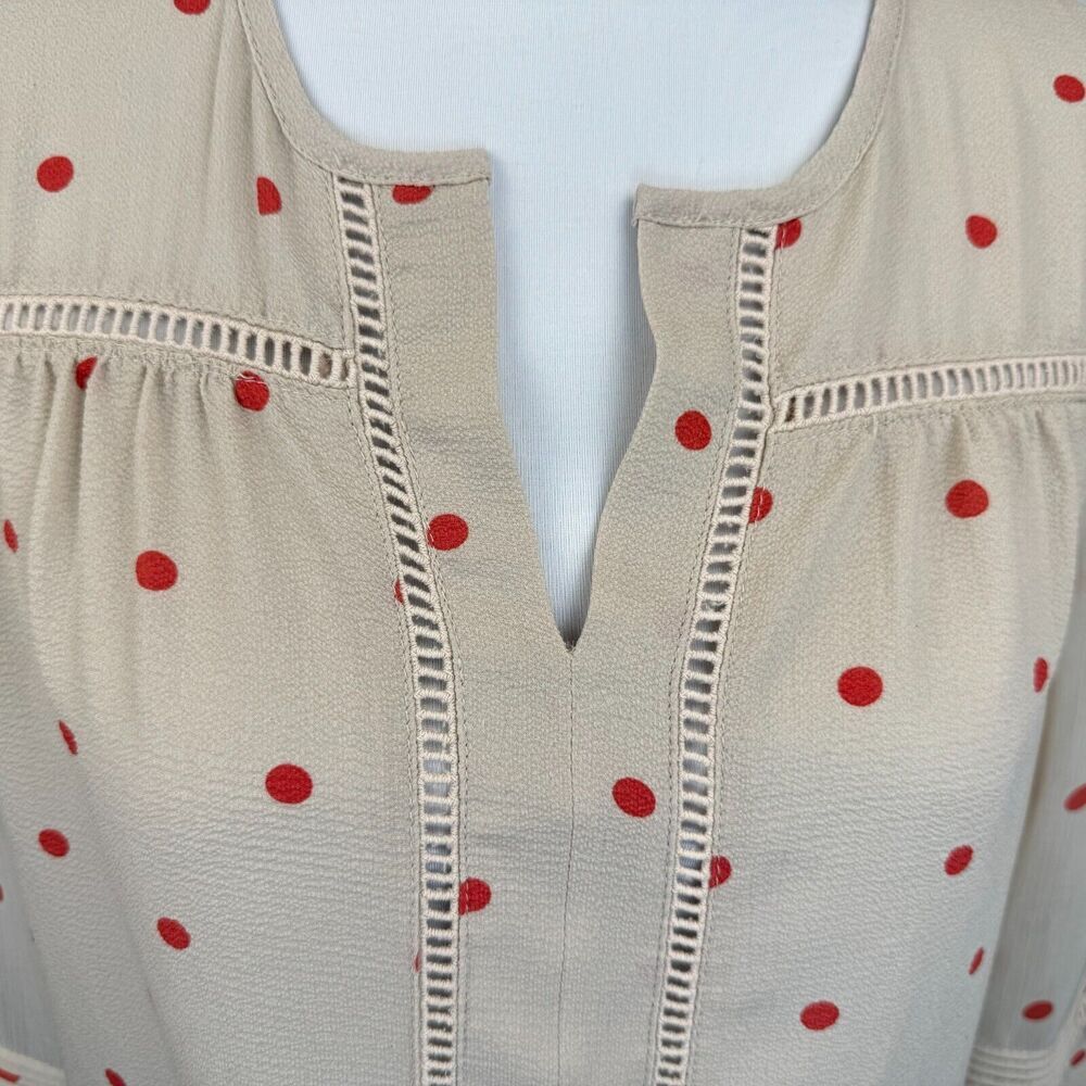Fever Ladies Sz M Round Split Neck Polka Dot Ladder Trim Pullover Bell Sleeve
