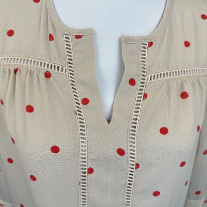 Fever Ladies Sz M Round Split Neck Polka Dot Ladder Trim Pullover Bell Sleeve