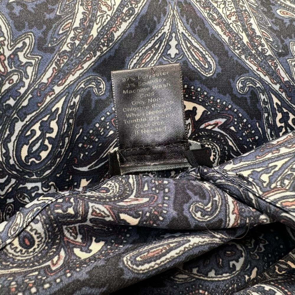 Ann Taylor Ladies Blouse Sz M Black Blue White Paisley Pleated Front Round Neck