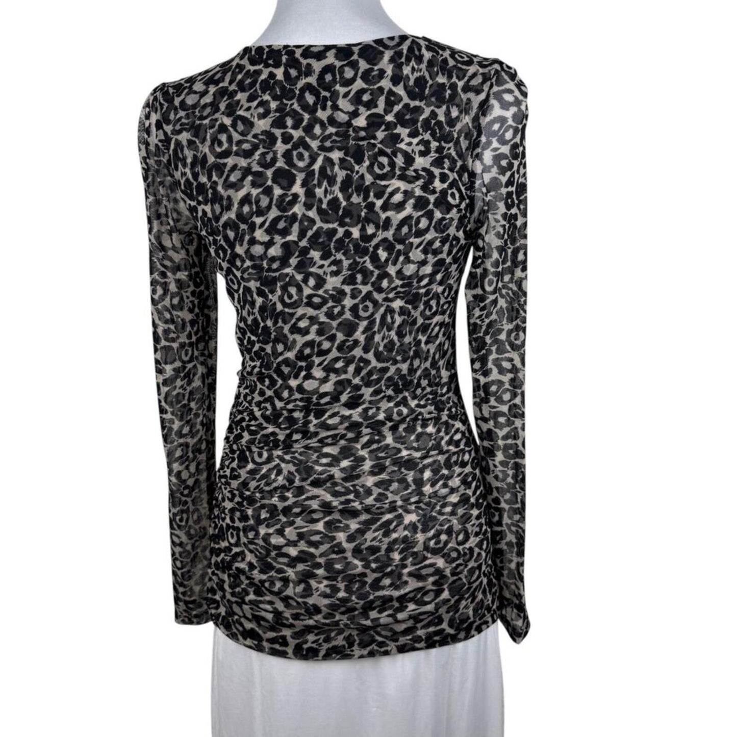 INC International Concepts Women M Top Ruched Mesh Animal Print Faux Wrap Neck