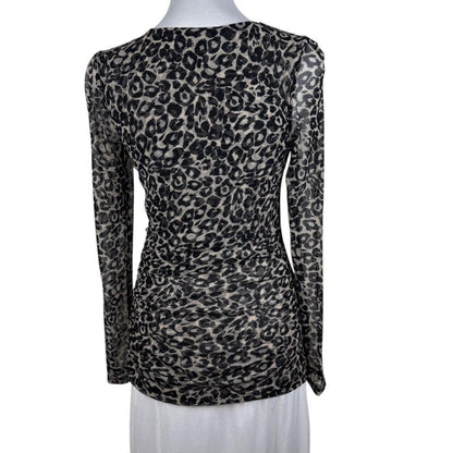 INC International Concepts Women M Top Ruched Mesh Animal Print Faux Wrap Neck