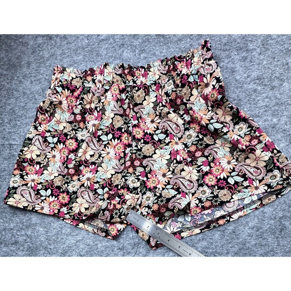 Skue Women Short Sz L Paperbag Black Short Floral Print High Rise