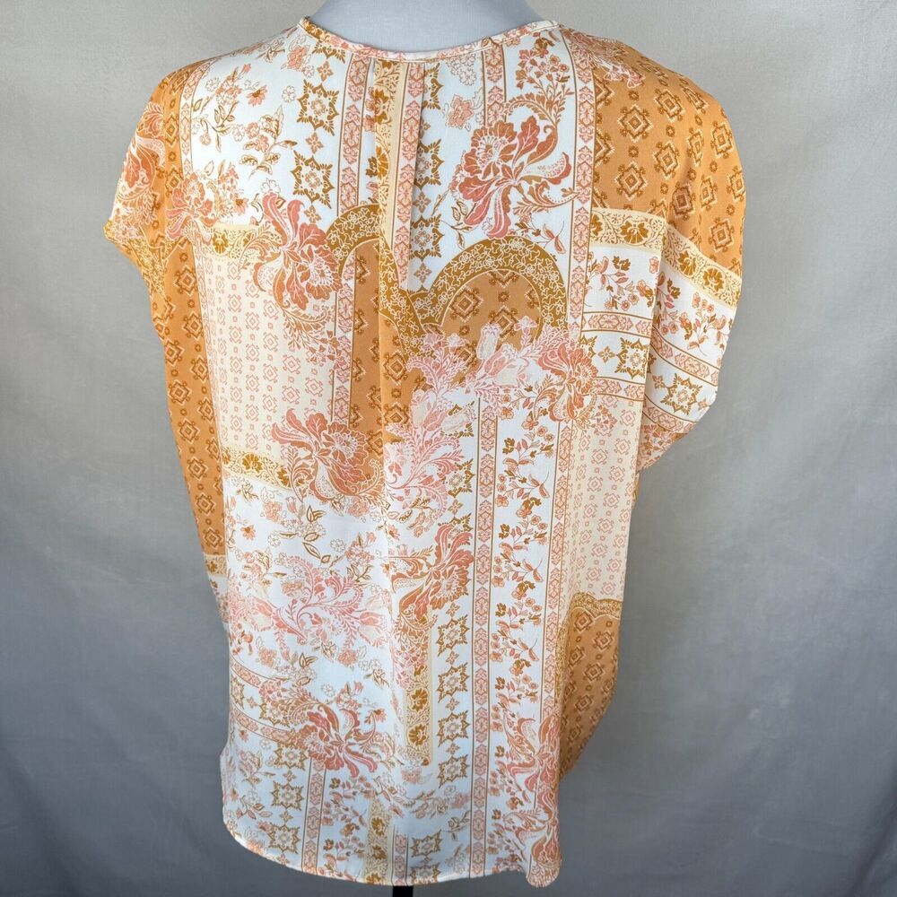 Cupcakes And Cashmere Blouse Sz M Cap Sleeve Split VNeck Orange Floral