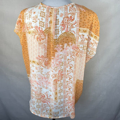 Cupcakes And Cashmere Blouse Sz M Cap Sleeve Split VNeck Orange Floral
