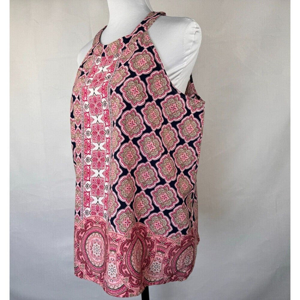 Monteau Ladies Blouse Sz L Navy Pink Patterned Halter Neck Sleeveless