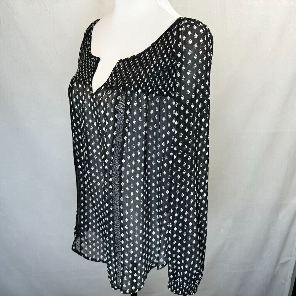 Princess Vera Wang Sz M Sheer Black Top white Print Boho Long Sleeve Split Neck