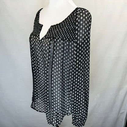 Princess Vera Wang Sz M Sheer Black Top white Print Boho Long Sleeve Split Neck