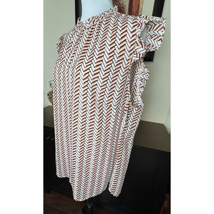 LOFT Plus Sz 18 Ruffle Crew Neck Front Keyhole Flutter Sleeves Pink ZigZag Print