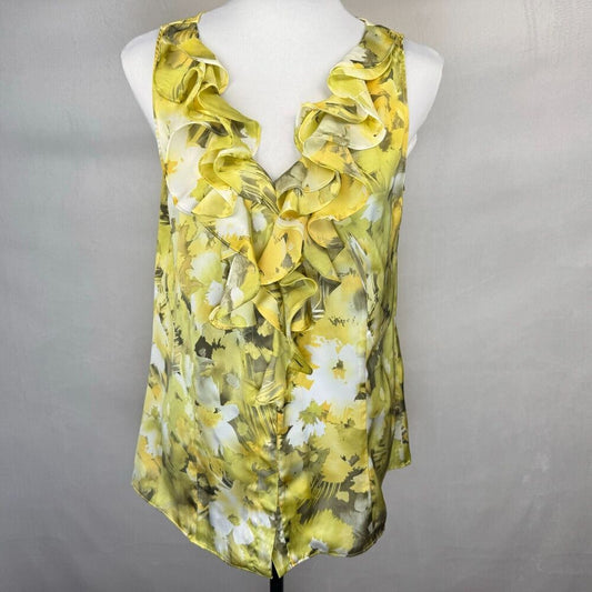 Anne Klein Blouse Sz M Yellow Ruffle VNeck Collar Sleeveless  Button Up Colorful