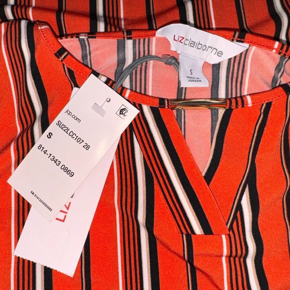 Liz Claiborne Ladies Blouse Sz S Career Vertical Stripe Cap Sleeve