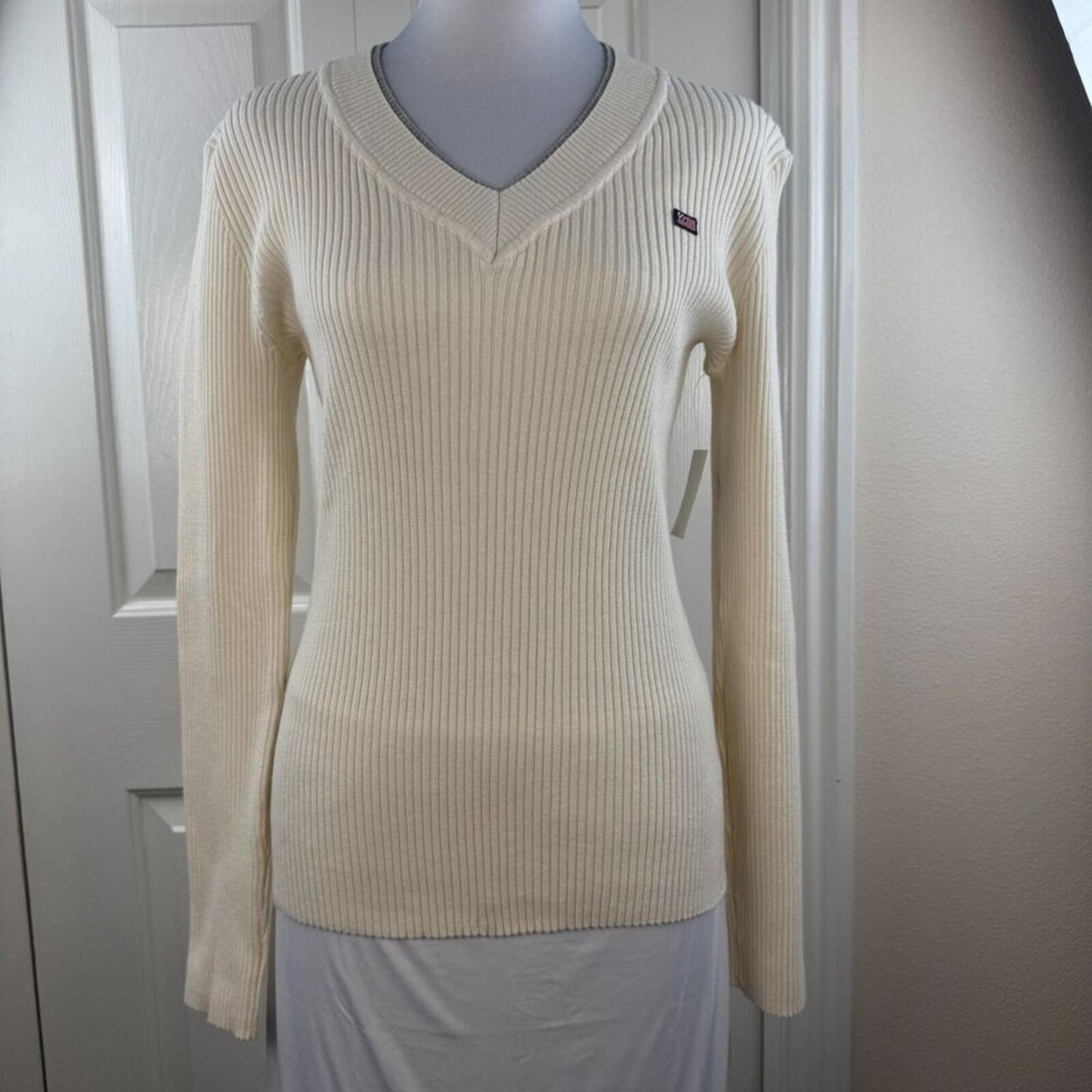 U.S. Polo Assn Women Medium Ribbed V Neck Sweater Cream Long Sleeve NWT