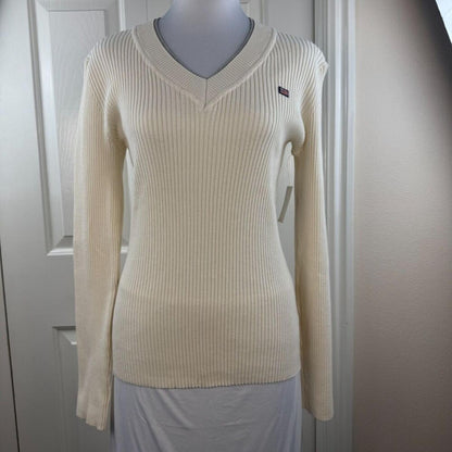U.S. Polo Assn Women Medium Ribbed V Neck Sweater Cream Long Sleeve NWT