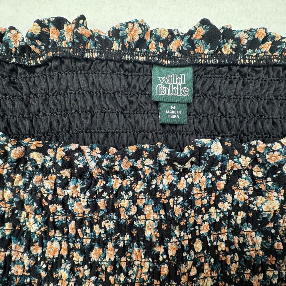 Wild Fable Top Sz M Cropped Black Floral Square Neck Long Sheer Sleeve Lined