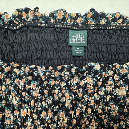 Wild Fable Top Sz M Cropped Black Floral Square Neck Long Sheer Sleeve Lined