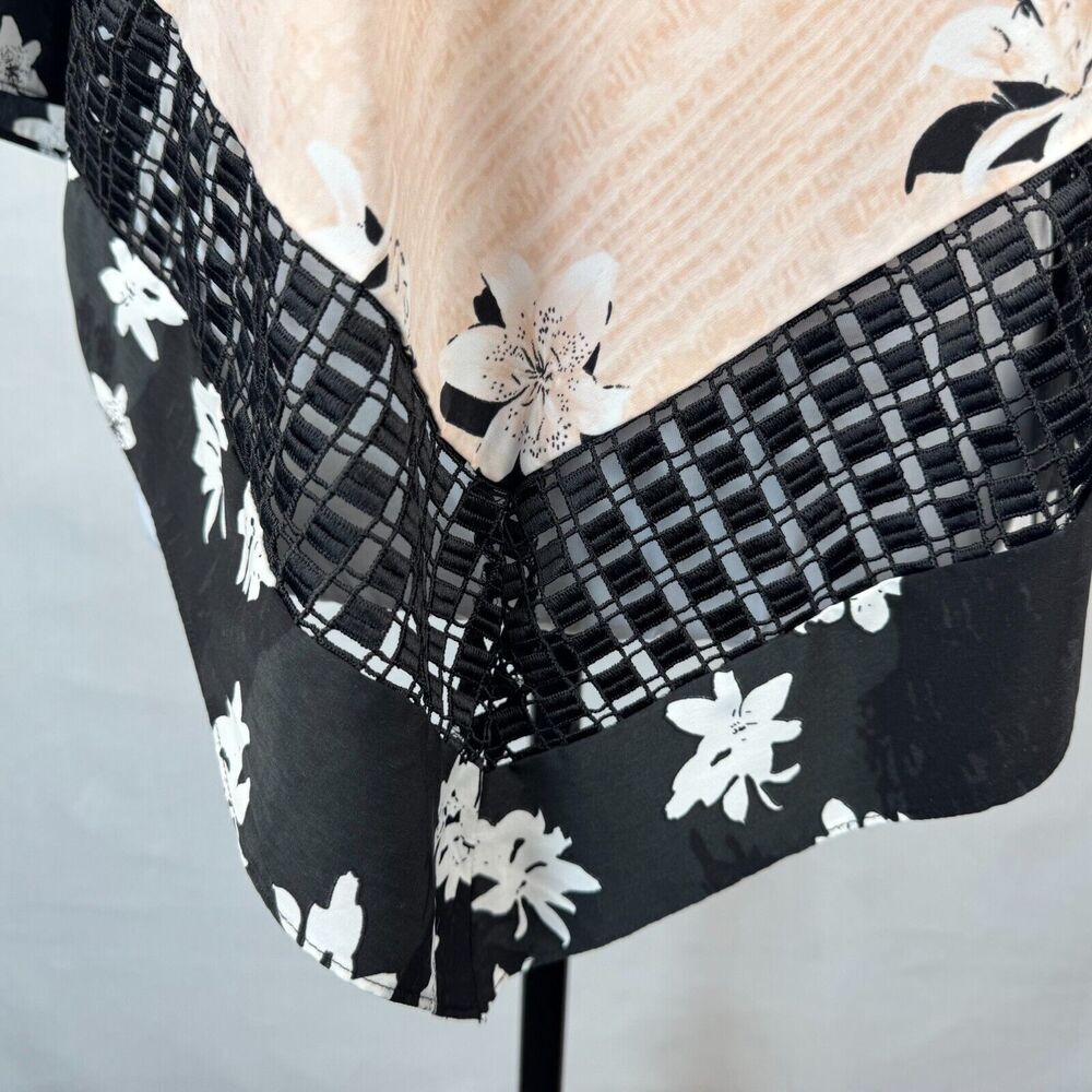 Alfani Women Sz PS Asymmetrical Top Floral Print Crochet Trim Round 3/4 sleeve