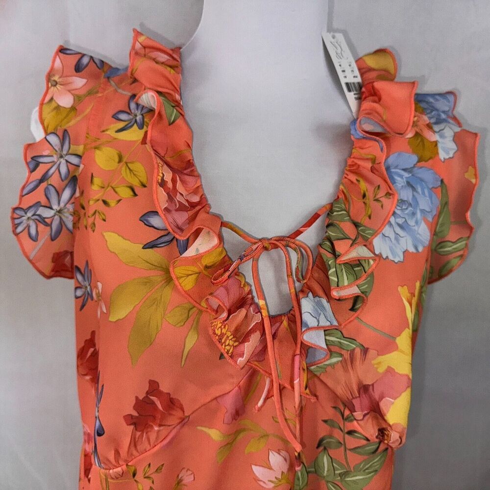 Sweet Pea Top Sz S Orange Floral Print Ruffled V-neck tie Ruffled cap sleeves