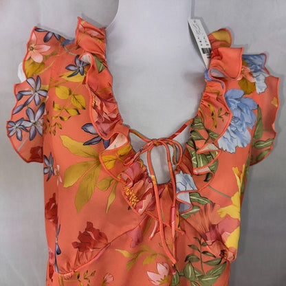 Sweet Pea Top Sz S Orange Floral Print Ruffled V-neck tie Ruffled cap sleeves