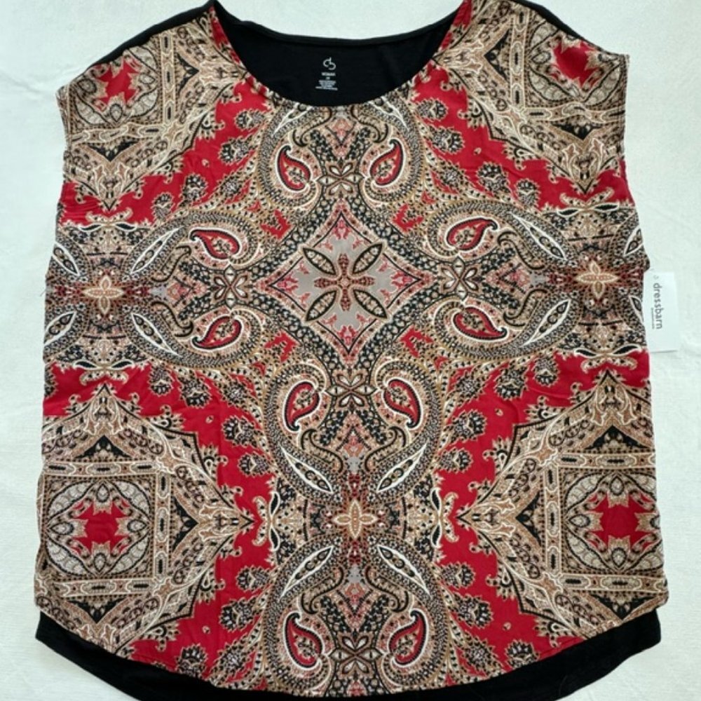 Dressbarn Women Top Sz 1X Black Back Front Red Beige Paisley Print NWT