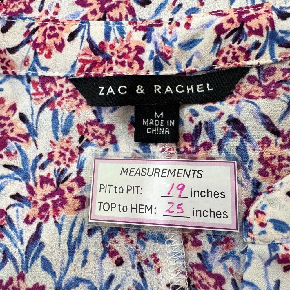 Zac & Rachel Women Tunic Sz M White Floral Print Hiding Buttons Sleeveless VNeck