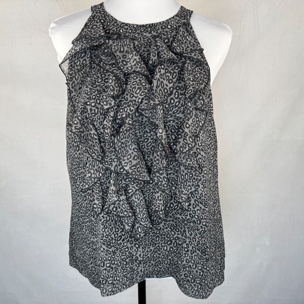 ECI  Top Sz 10 Gray Black Halter Ruffle Front Sleeveless Open Back Animal Print