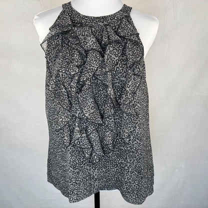 ECI  Top Sz 10 Gray Black Halter Ruffle Front Sleeveless Open Back Animal Print