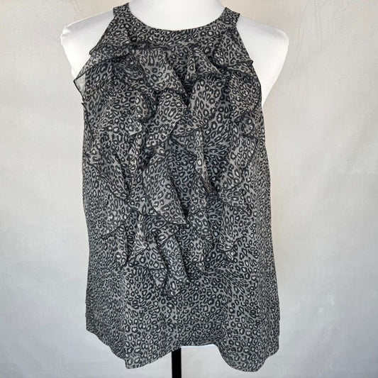 ECI  Top Sz 10 Gray Black Halter Ruffle Front Sleeveless Open Back Animal Print