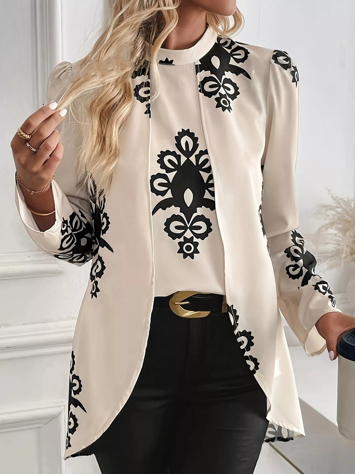 Simply Love Women's Cream & Black Ornamental Print Long Sleeve Blouse