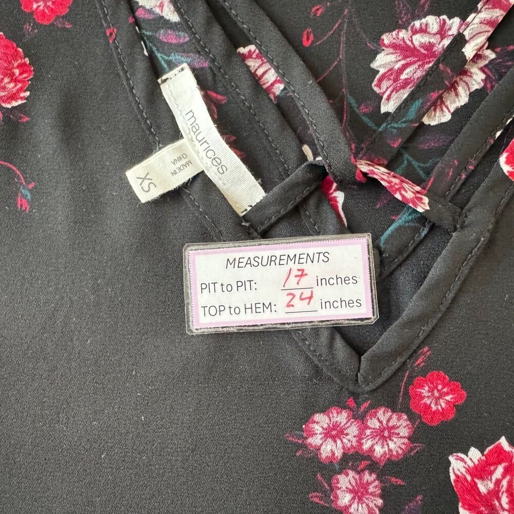 Maurices Black Floral Tank Top Sz XS Sleeveless VNeck Criss Cross Front