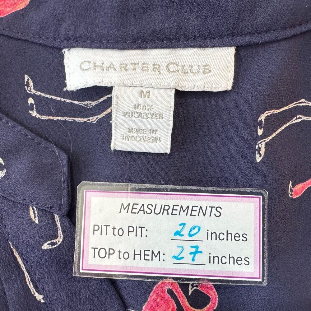 Charter Club Top Sz M Blue Pink Print Split Neck Pleated Button Up Sleeveless