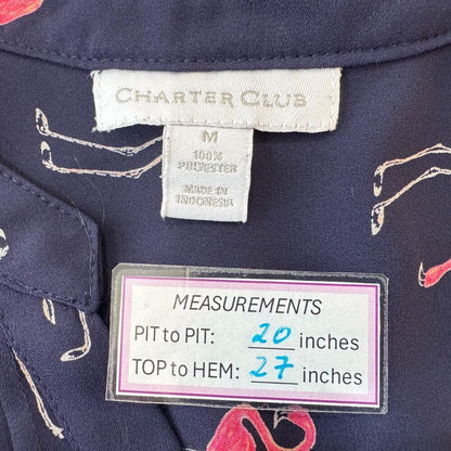 Charter Club Top Sz M Blue Pink Print Split Neck Pleated Button Up Sleeveless