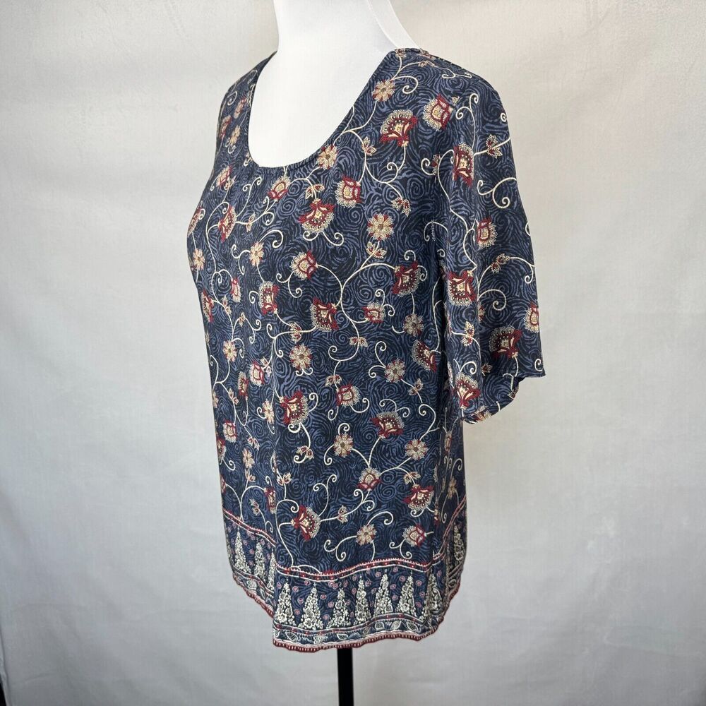 Liz Claiborne Women Sz 8 Silk Scoop Neck Black Blue Floral Print Short Sleeve