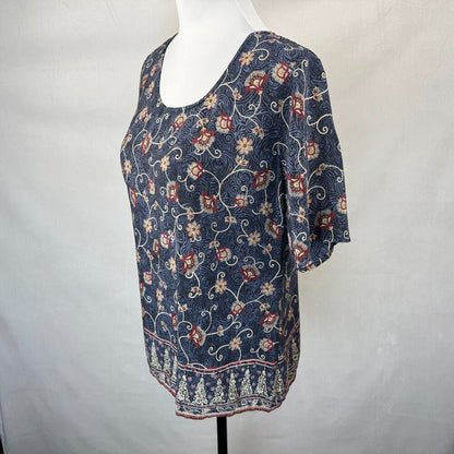 Liz Claiborne Women Sz 8 Silk Scoop Neck Black Blue Floral Print Short Sleeve