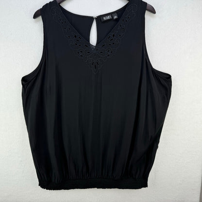 a.n.a women’s black sleeveless blouson top with eyelet embroidered neckline, keyhole detail and elastic hem