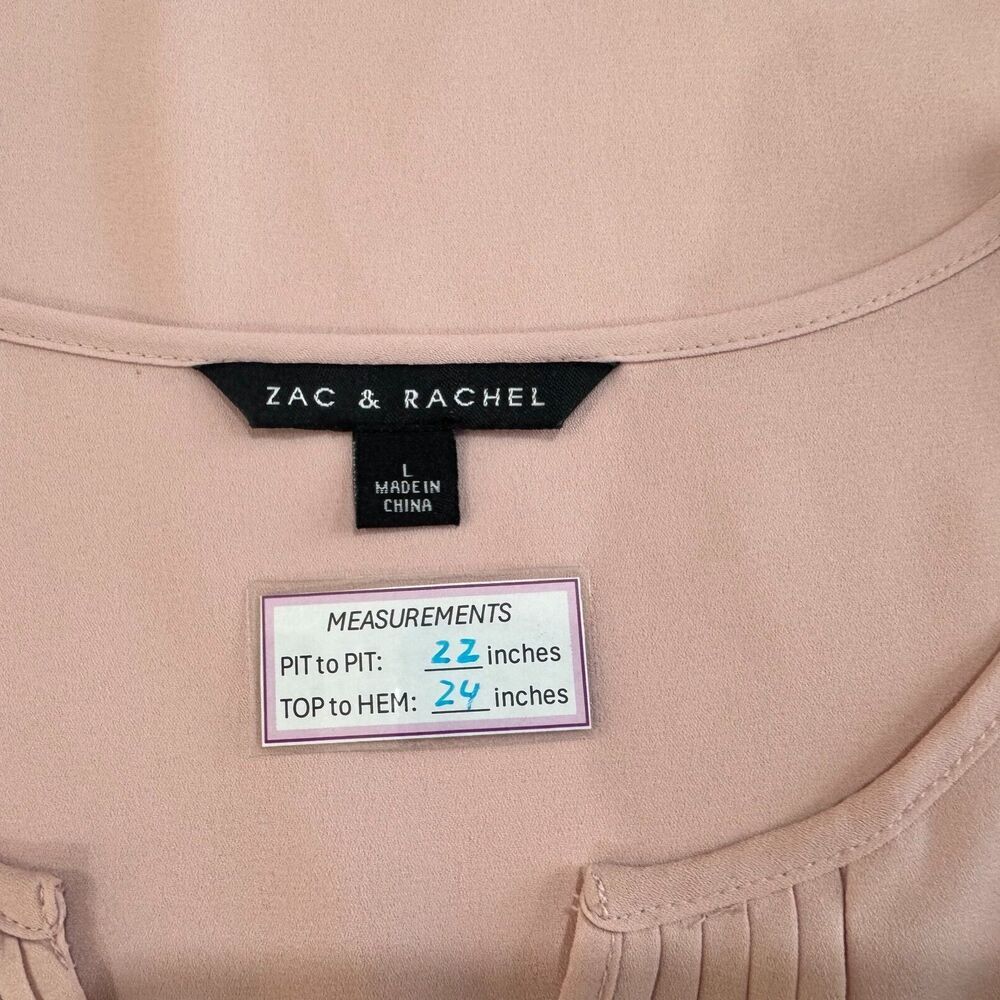 Zac & Rachel Blouse Sz L Dusty Pink Pleated Front Split Neck Flutter Sleeve