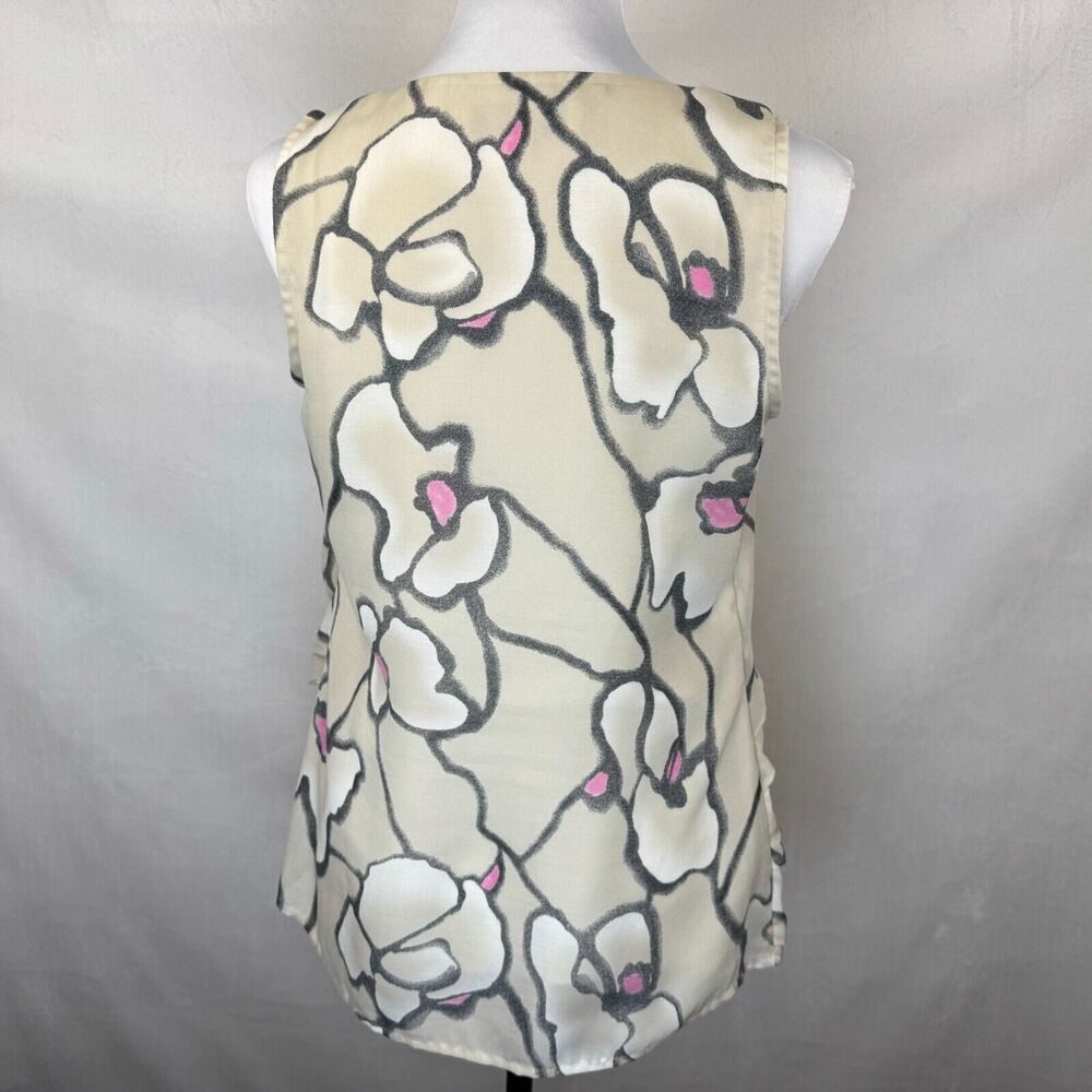 Loft Ann Taylor Beige Top Sz S Ruffled Layers Gray Pink Print VNeck Sleeveless