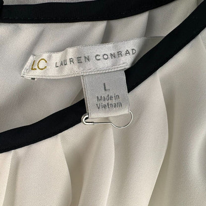 Lauren Conrad Blouse Sz L Bone/Cream with black edged neckline back knot closure