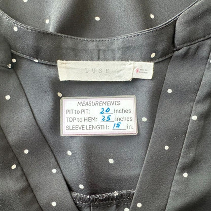 Lush Blouse Sz S Black Polka Dot White V Neck Roll Up Sleeve