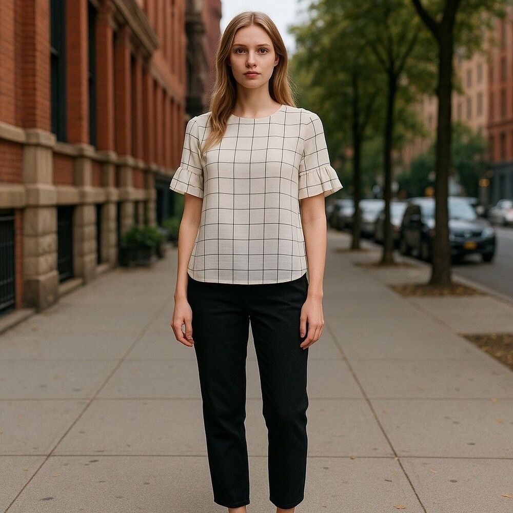 LOFT Top Sz M Ivory Plaid Round Neck Short Sleeve Keyhole Back Peplum Lined