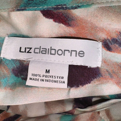 Liz Claiborne Blouse Sz M Beige Multicolor Print Henley neckline cap sleeve