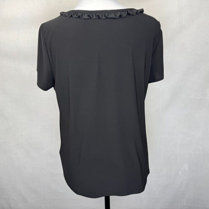 CeCe Women Blouse Sz M Black Ruffle Boat Neck Short Sleeve